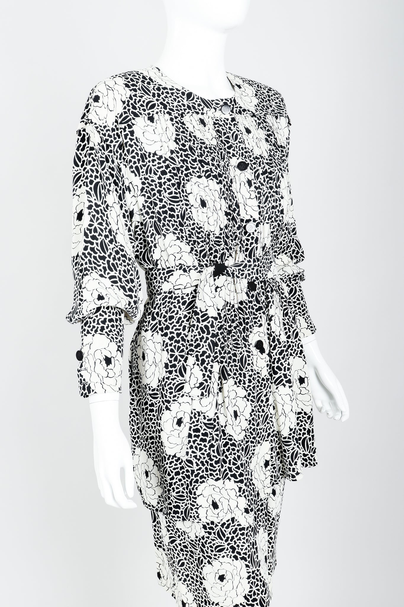 Vintage Sonia Rykiel black white Floral Print Dress & Blouse Set on mannequin crop at Recess