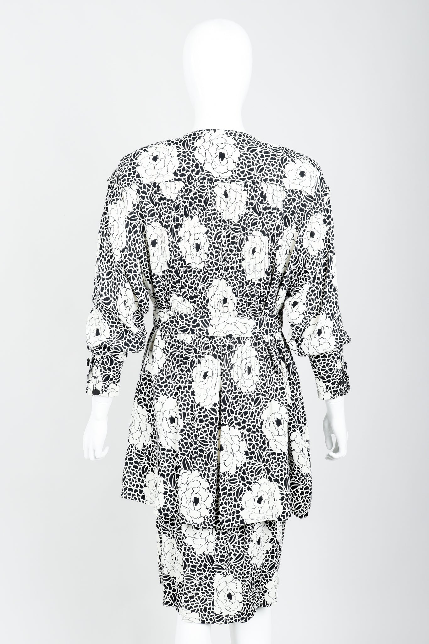 Vintage Sonia Rykiel black white Floral Print Dress & Blouse Set on mannequin back belted at Recess