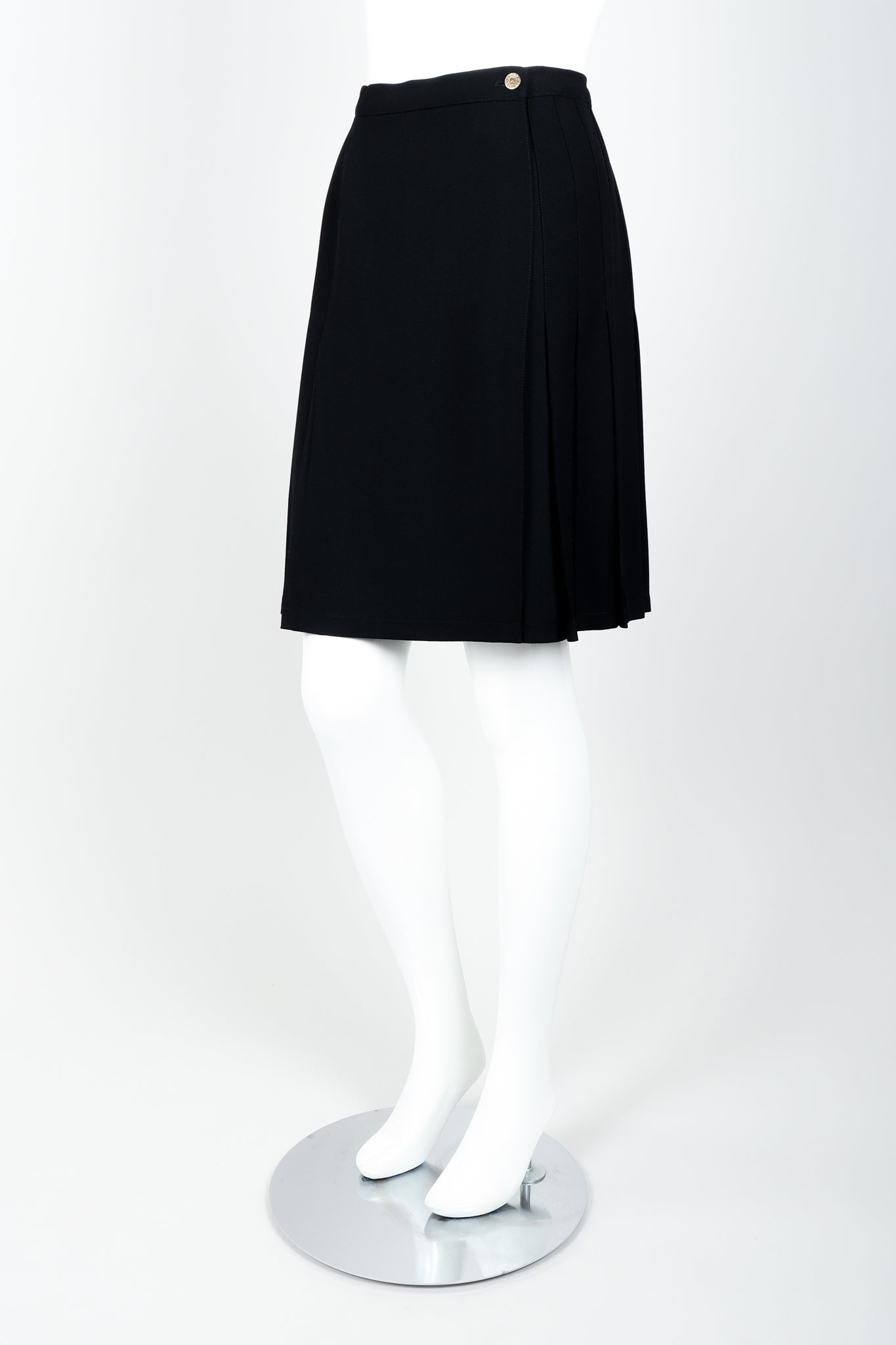 Vintage Sonia Rykiel Crepe Pleated Wrap Skirt on mannequin side at Recess