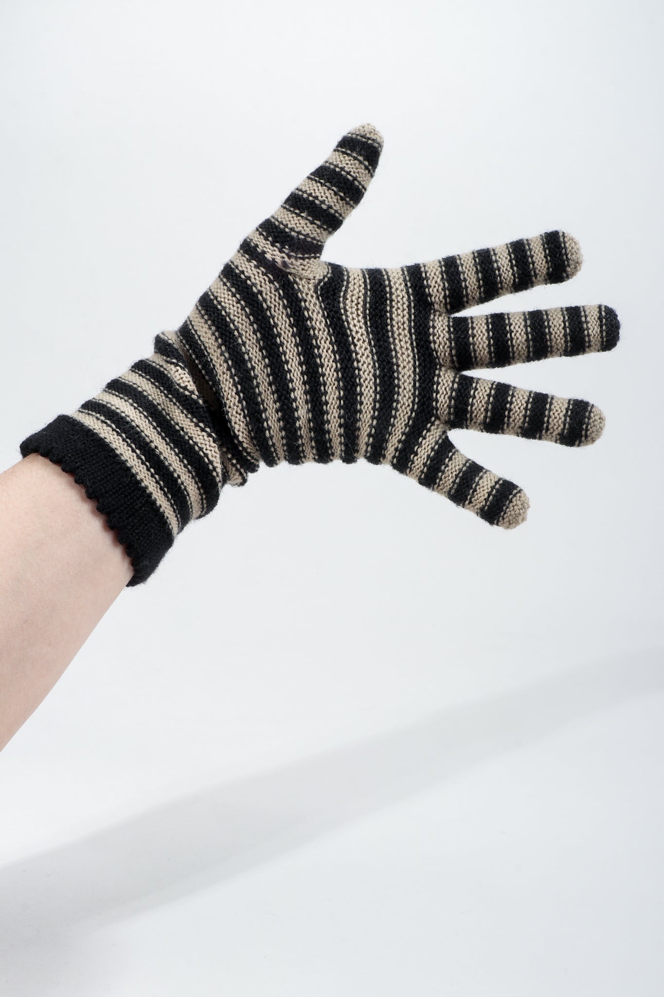Vintage Sonia Rykiel Beige Stripe Knit Gloves on hand