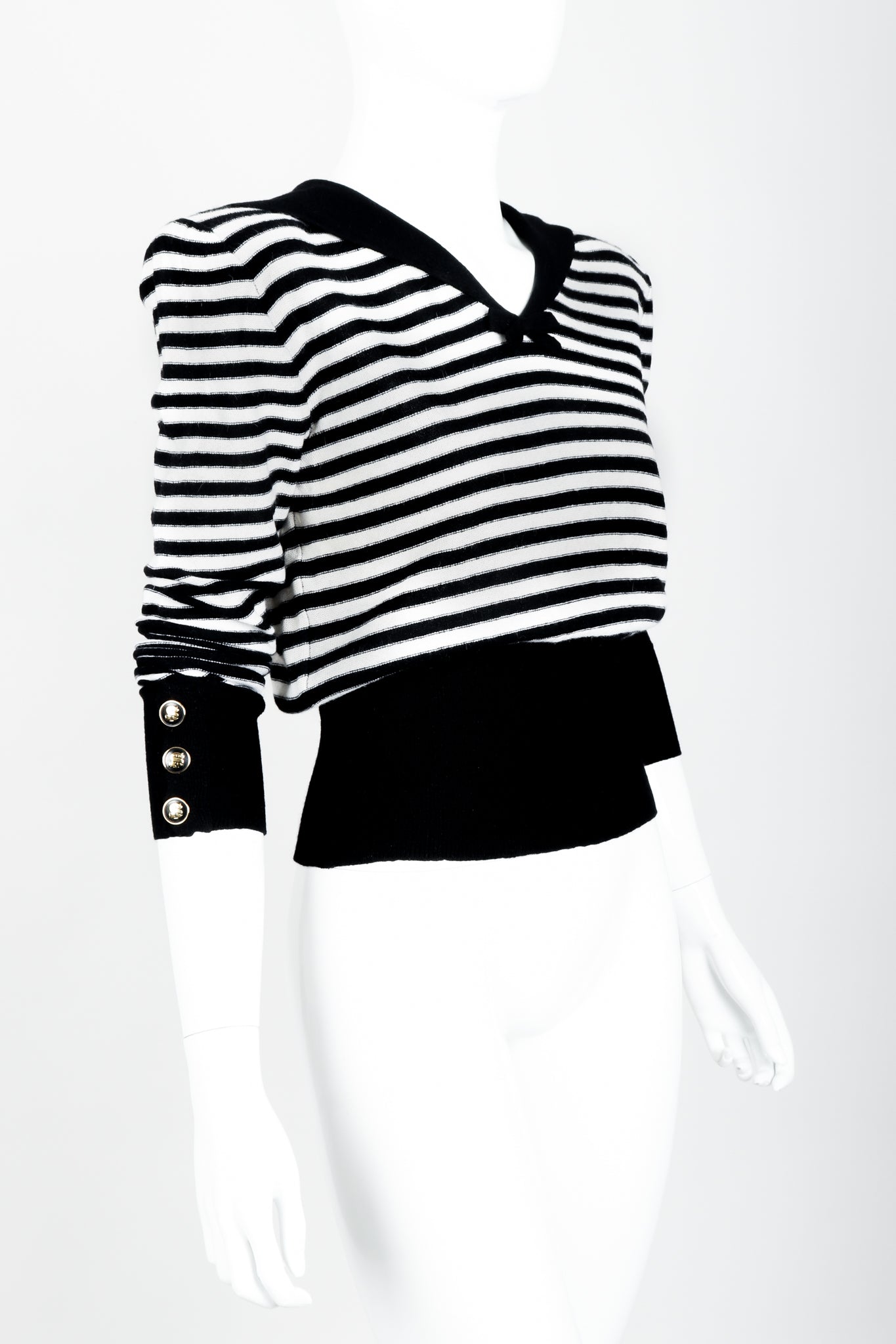 Vintage Sonia Rykiel White Stripe Knit Sailor Sweater on Mannequin side at Recess