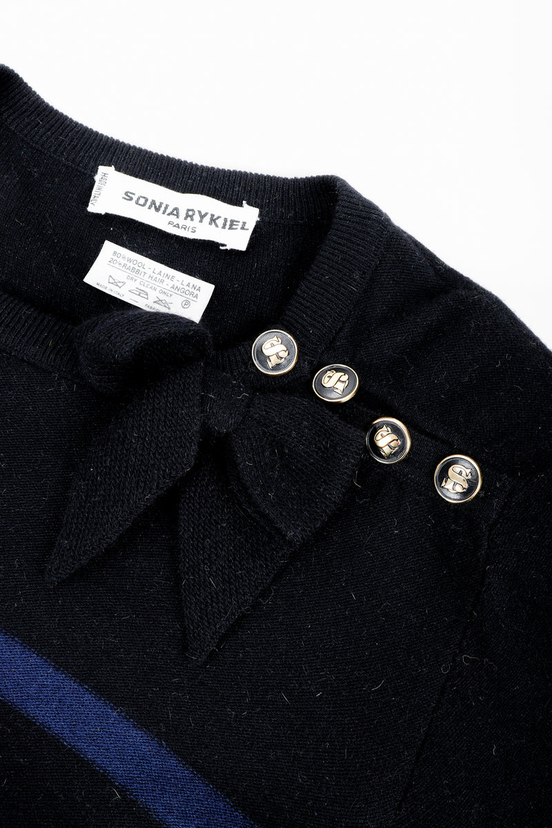 Vintage Sonia Rykiel Rainbow Striped Knit Bow Sweater shoulder button detail