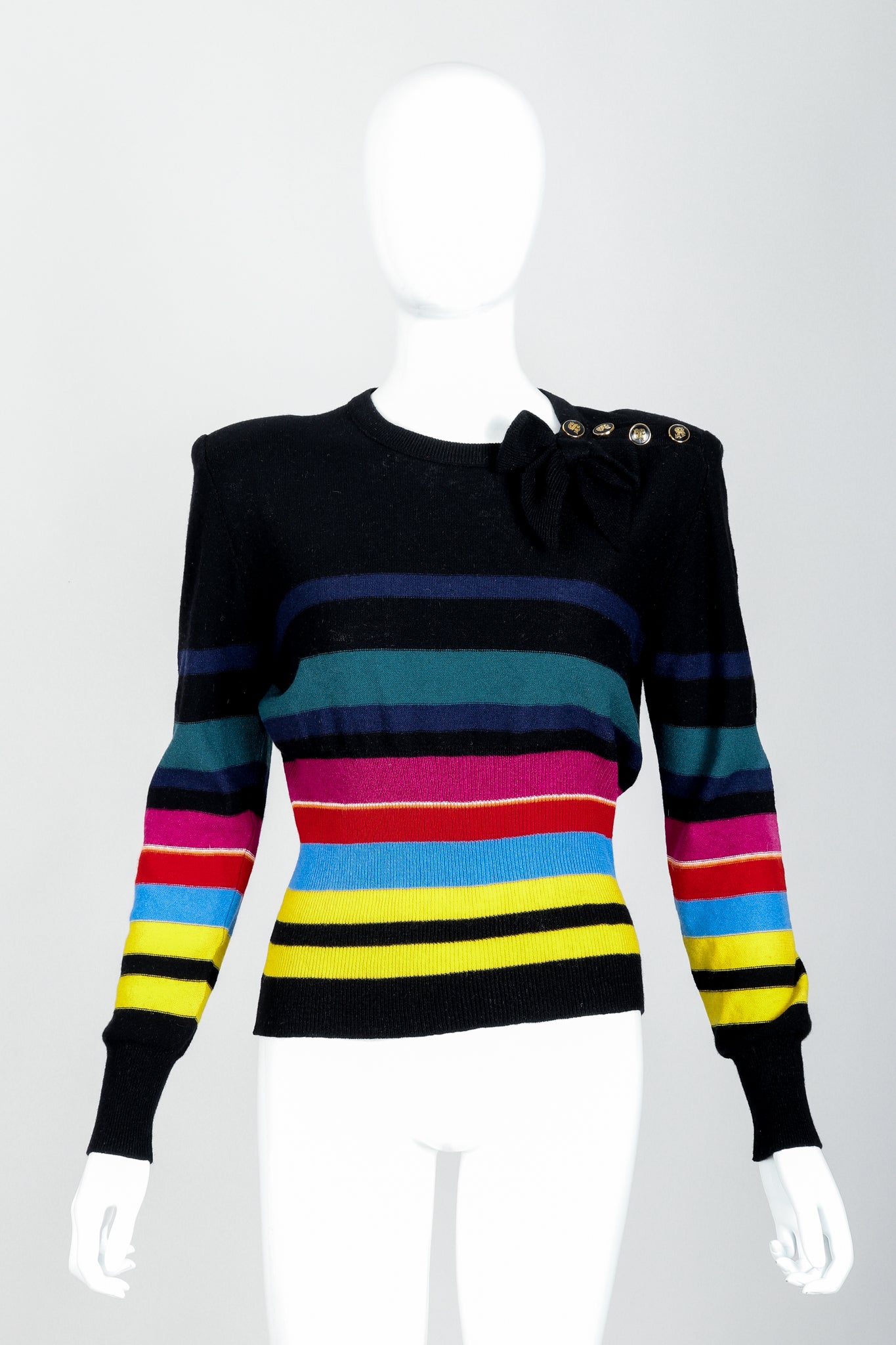 Vintage Sonia Rykiel Rainbow Striped Knit Bow Sweater on Mannequin Front at Recess