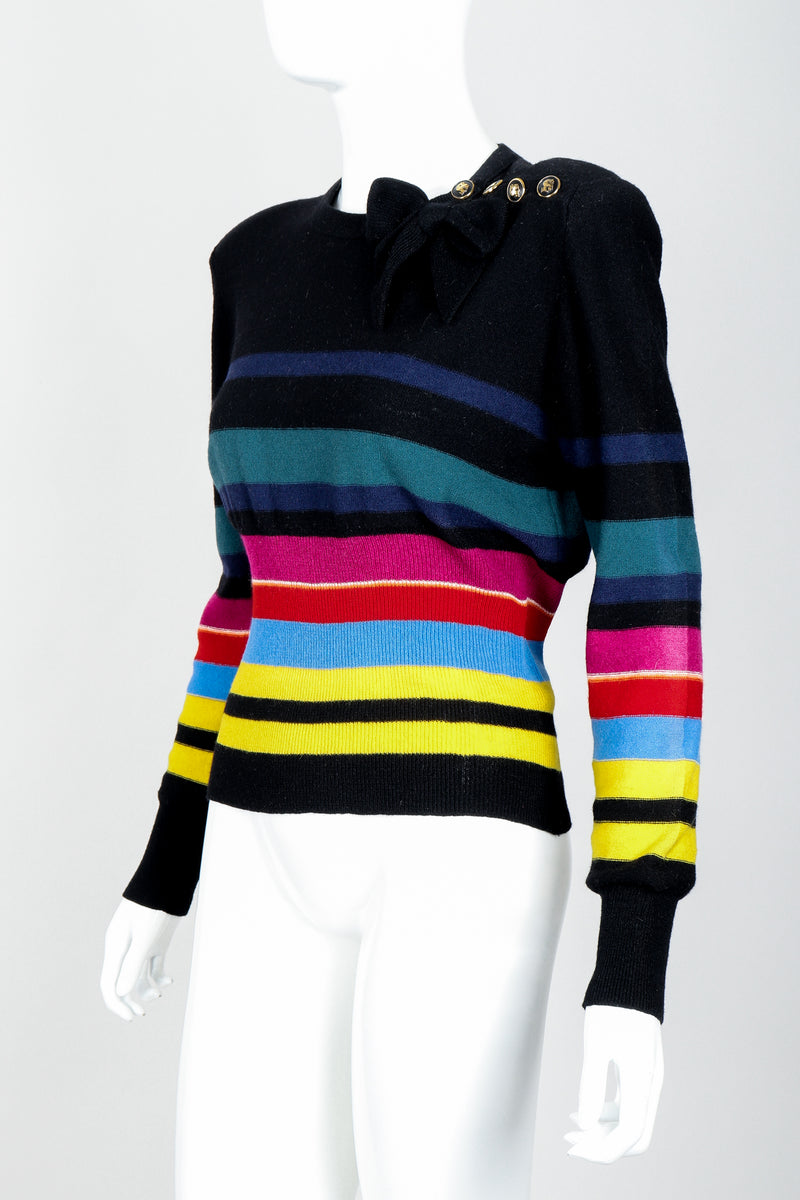 Vintage Sonia Rykiel Rainbow Striped Knit Bow Sweater on Mannequin angle at Recess
