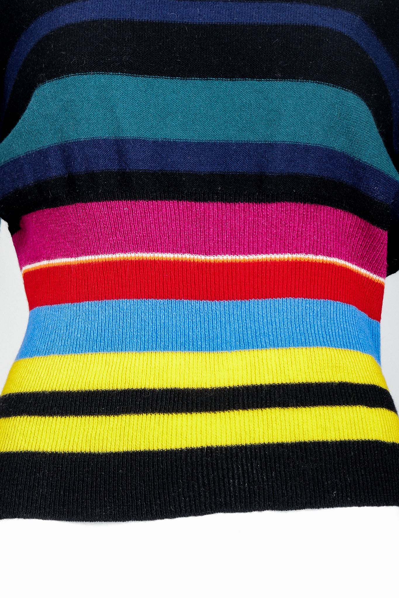 Vintage Sonia Rykiel Rainbow Striped Knit Bow Sweater on Mannequin Waist Detail at Recess
