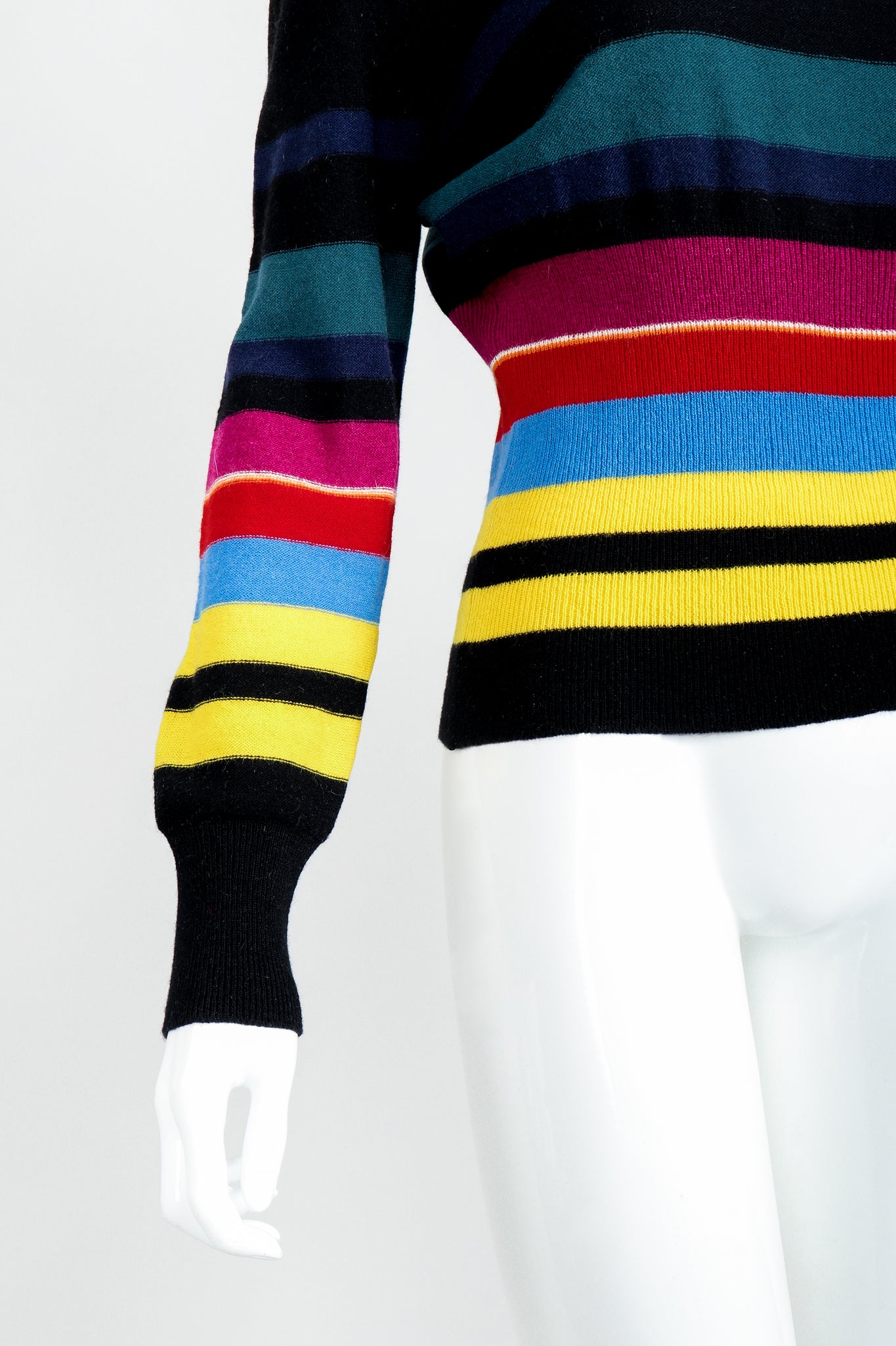 Vintage Sonia Rykiel Rainbow Striped Knit Bow Sweater on Mannequin Sleeve Waist at Recess