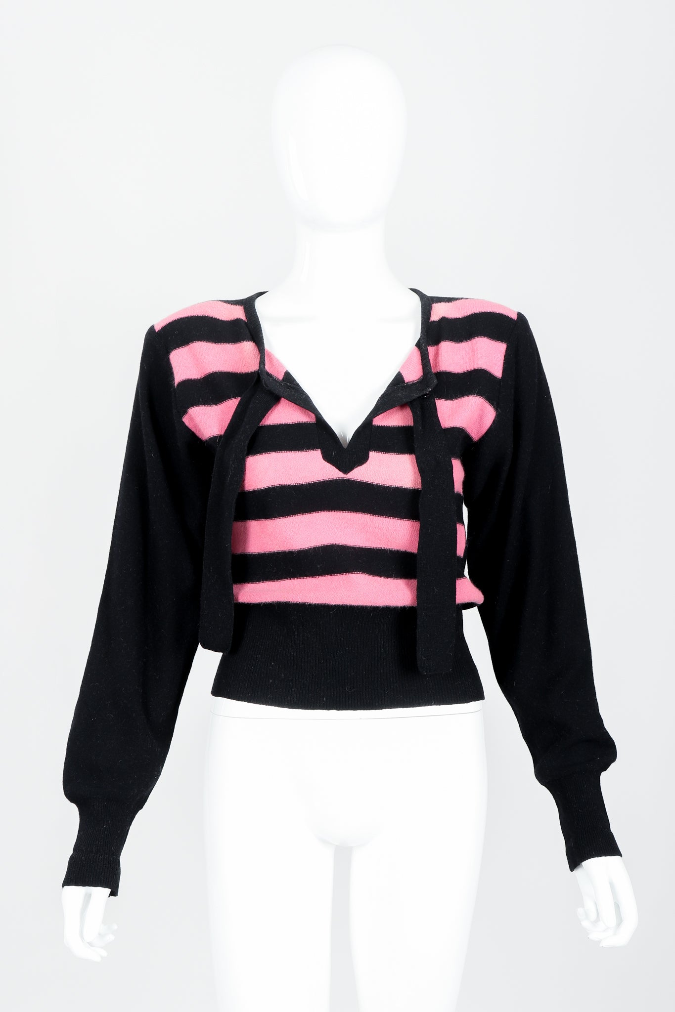 Vintage Sonia Rykiel Pink Stripe Keyhole Tie Neck Sweater on Mannequin Untied at Recess