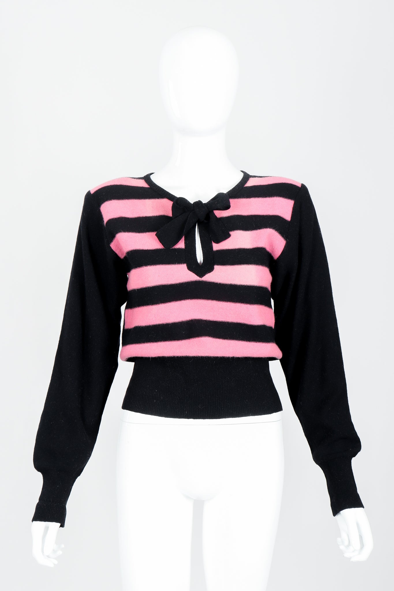 Vintage Sonia Rykiel Pink Stripe Keyhole Tie Neck Sweater on Mannequin Front at Recess