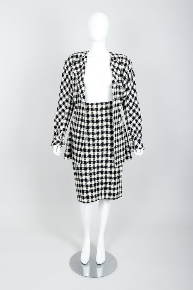 Vintage Sonia Rykiel Bouclé Buffalo Check Jacket & Skirt Set on mannequin open at Recess