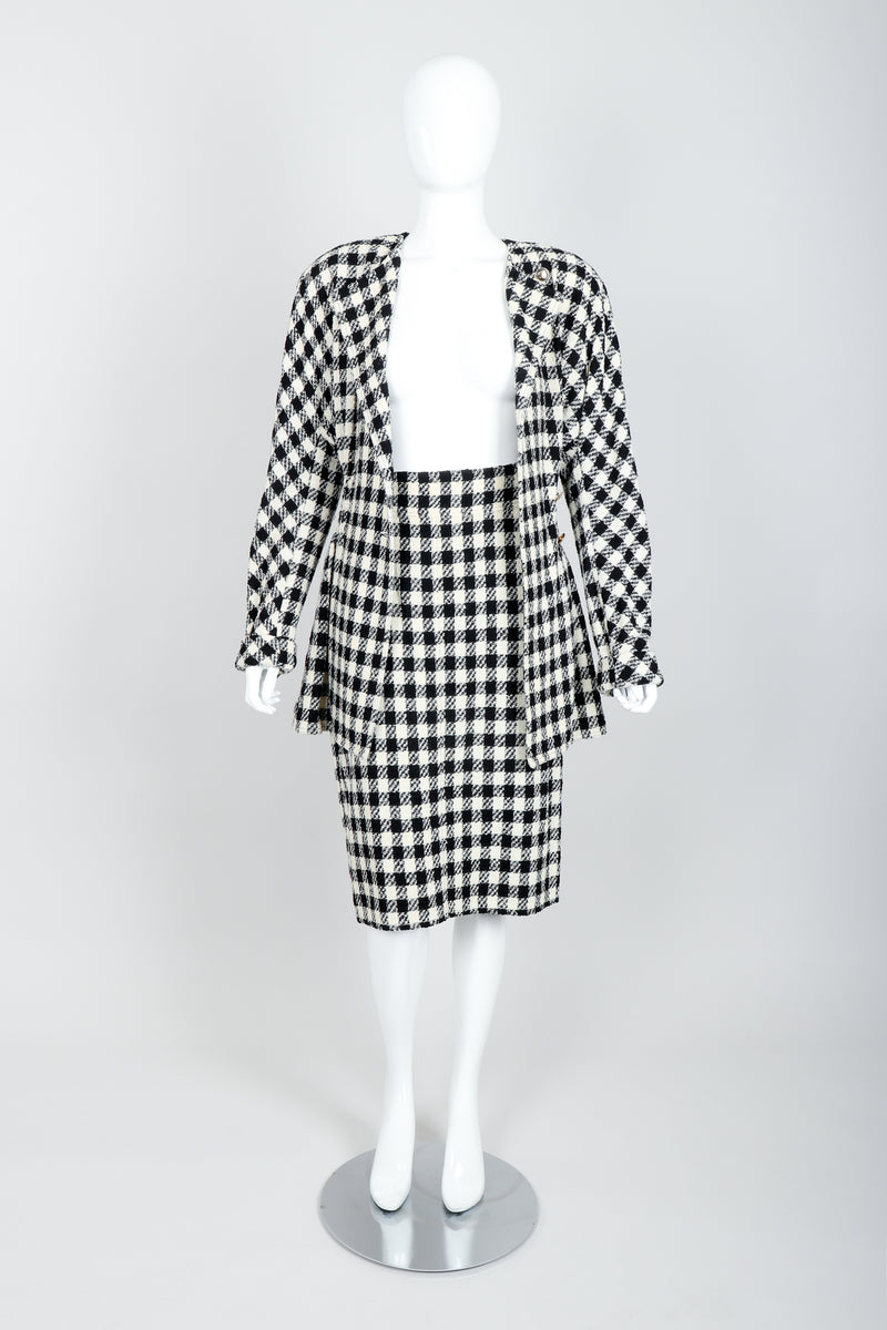 Vintage Sonia Rykiel Bouclé Buffalo Check Jacket & Skirt Set on mannequin open at Recess