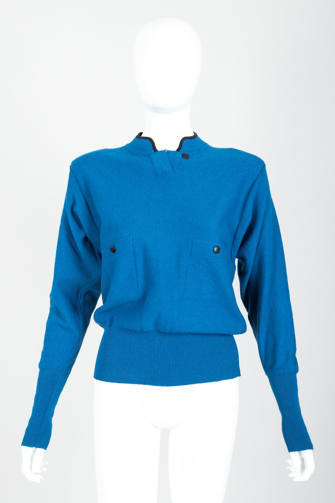 Vintage Sonia Rykiel Blue Knit High Neck Sweater on Mannequin front at Recess