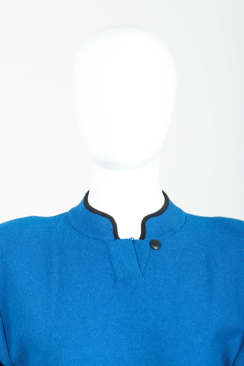 Vintage Sonia Rykiel Blue Knit High Neck Sweater on Mannequin unbuttoned at Recess