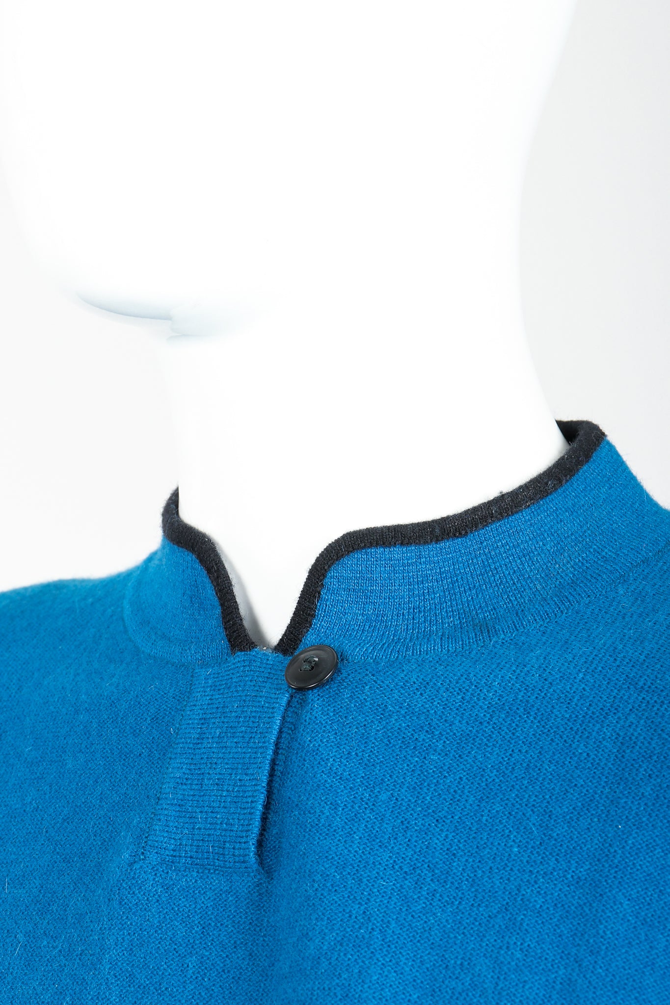 Vintage Sonia Rykiel Blue Knit High Neck Sweater on Mannequin neckline at Recess