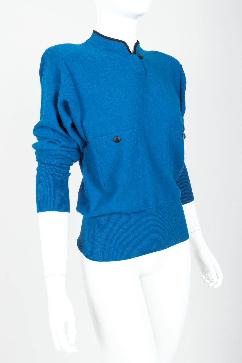 Vintage Sonia Rykiel Blue Knit High Neck Sweater on Mannequin angled at Recess