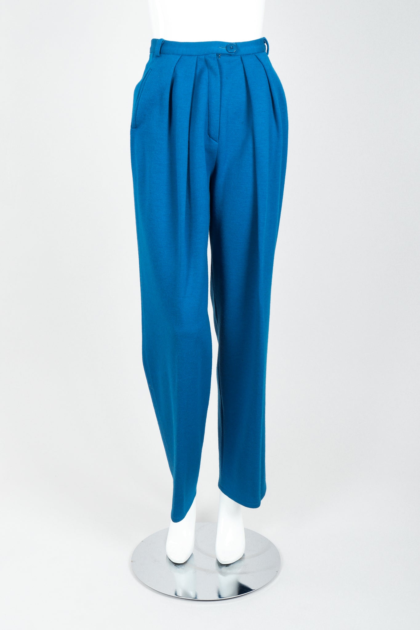 Vintage Sonia Rykiel Blue Knit Pleated Pant Set on Mannequin front at Recess