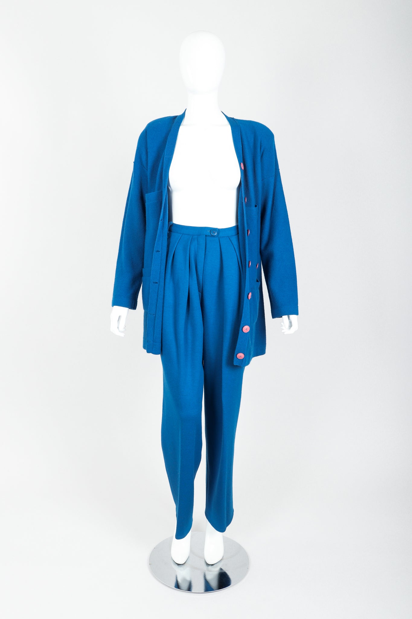 Vintage Sonia Rykiel Blue Knit Longline Cardigan & Pant Set on Mannequin open at Recess