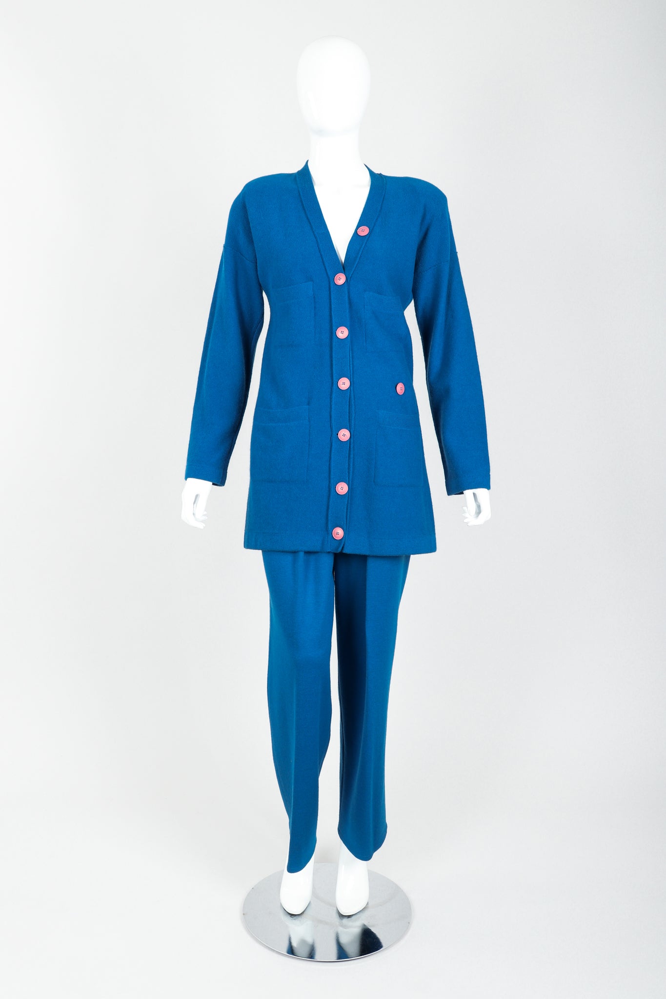 Vintage Sonia Rykiel Blue Knit Longline Cardigan & Pant Set on Mannequin front at Recess