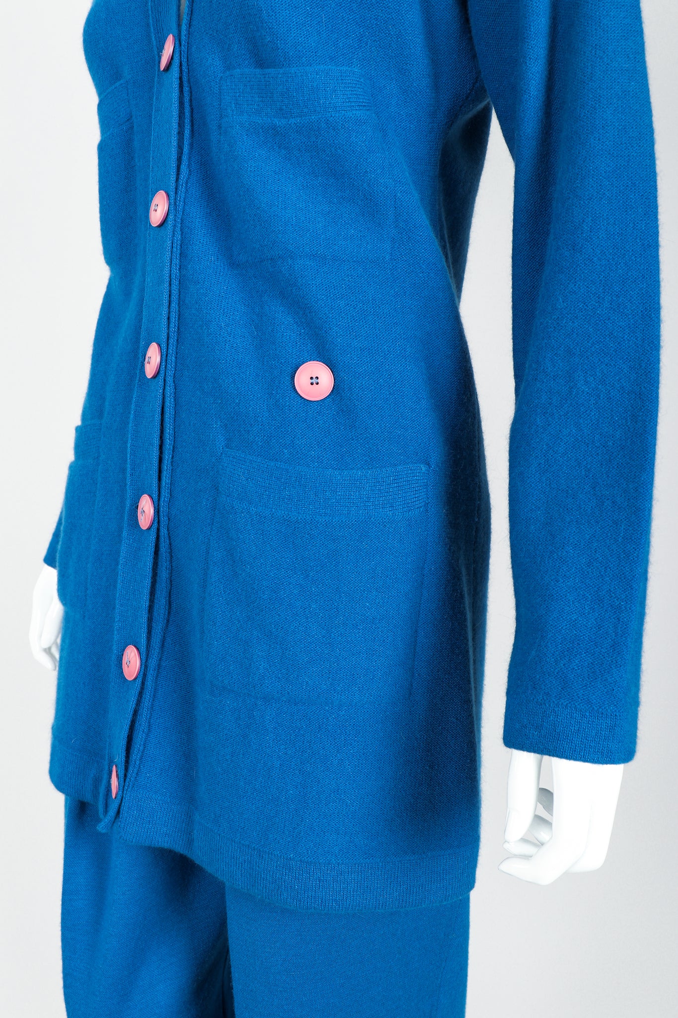 Vintage Sonia Rykiel Blue Knit Longline Cardigan & Pant Set on Mannequin angled at Recess