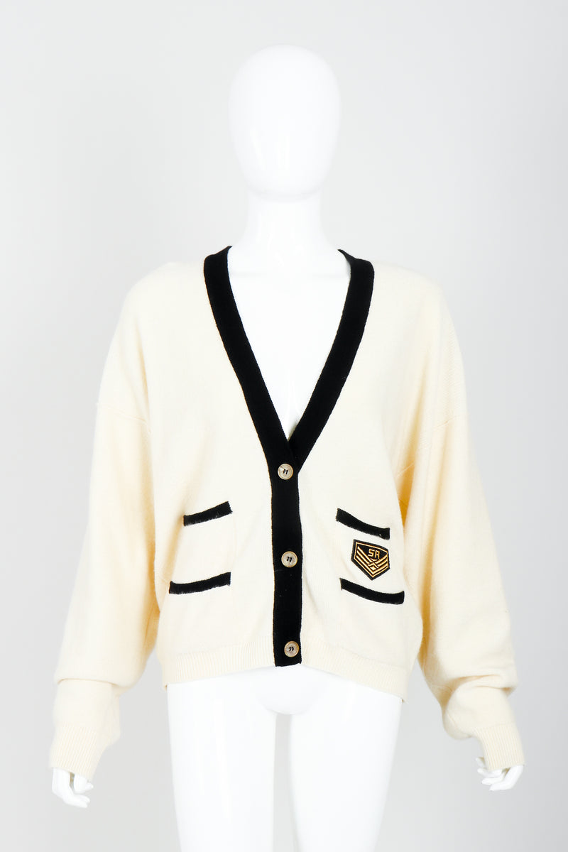 Vintage Sonia Rykiel Cream Knit Letterman Cardigan on Mannequin front at Recess