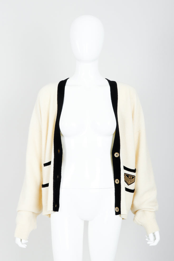 Vintage Sonia Rykiel Cream Knit Letterman Cardigan on Mannequin open at Recess