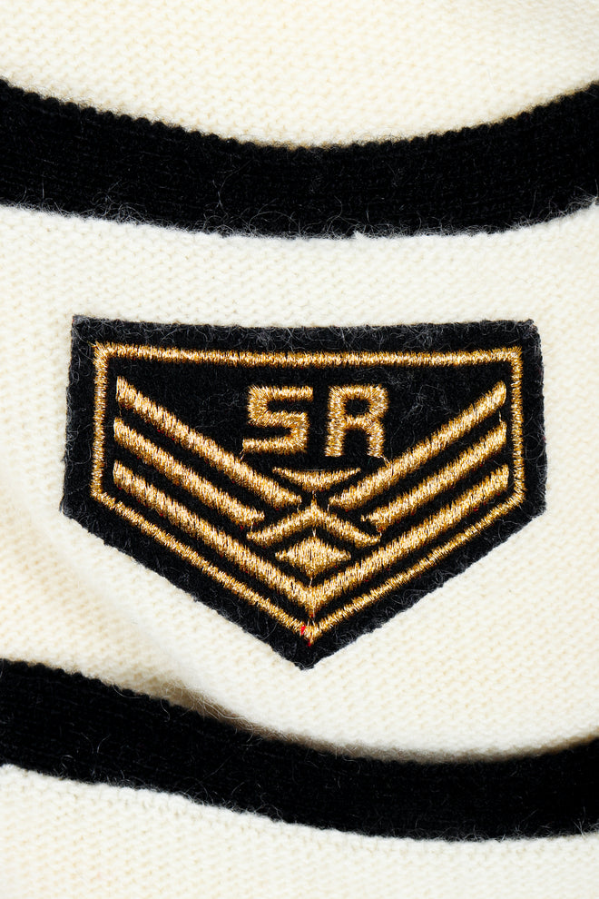 Vintage Sonia Rykiel Cream Knit Letterman Cardigan on Mannequin logo patch at Recess