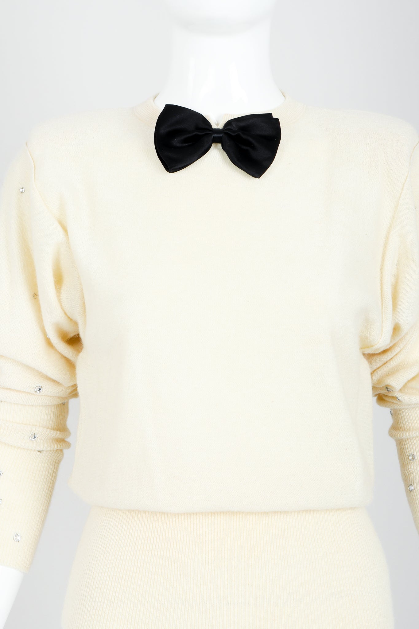 Vintage Sonia Rykiel Cream Knit Bow Tie Sweater on Mannequin bow detail At Recess