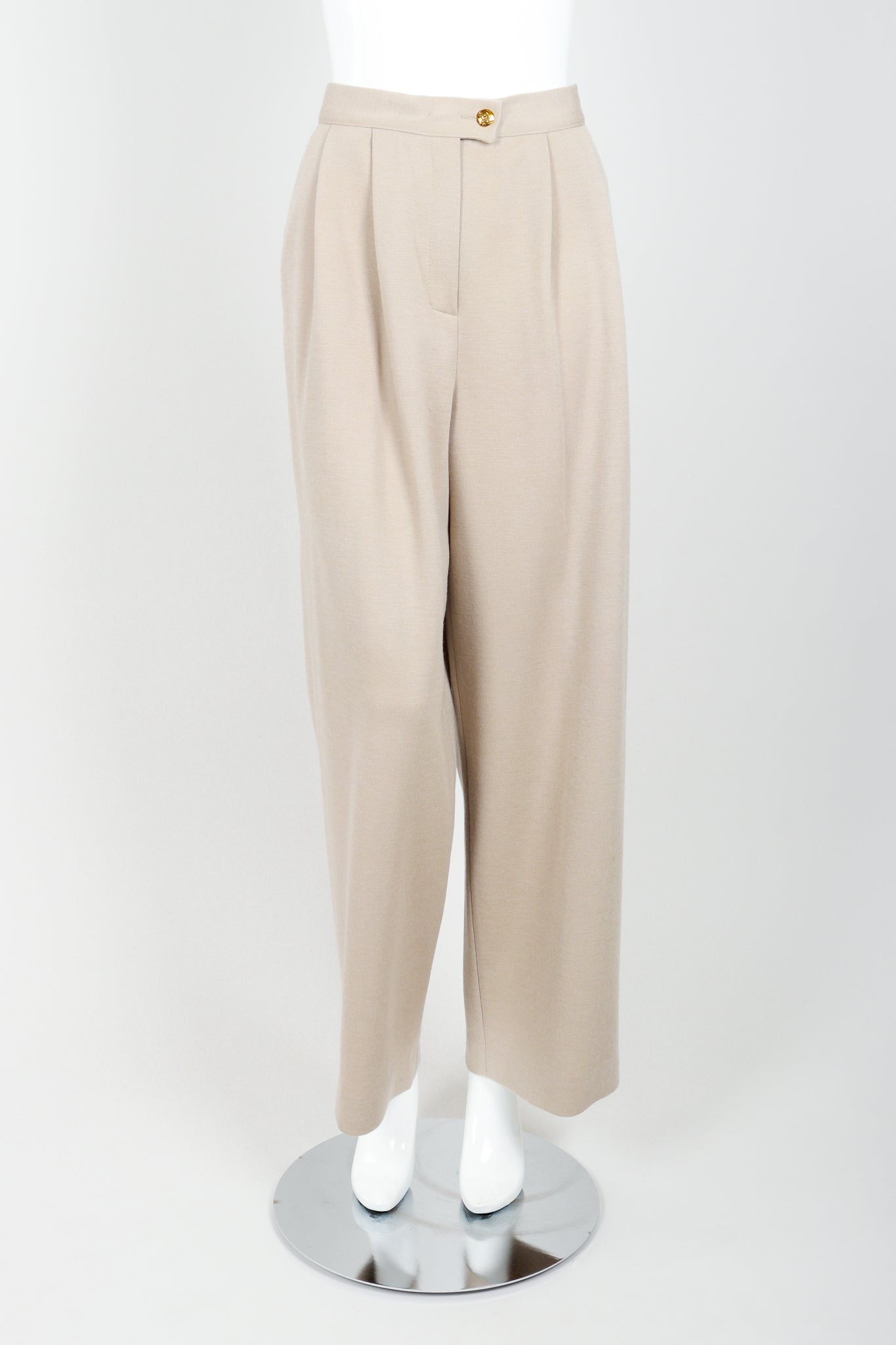 Vintage Sonia Rykiel Sand Beige Knit Pleated Pant on Mannequin front at Recess