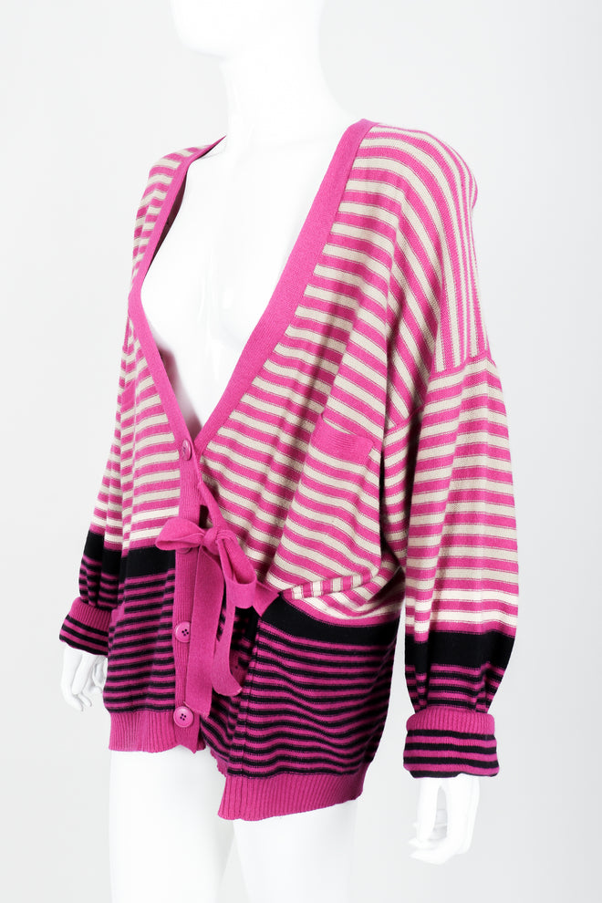 Vintage Sonia Rykiel Fuchsia Stripe Boyfriend Cardigan on Mannequin Side tie at Recess
