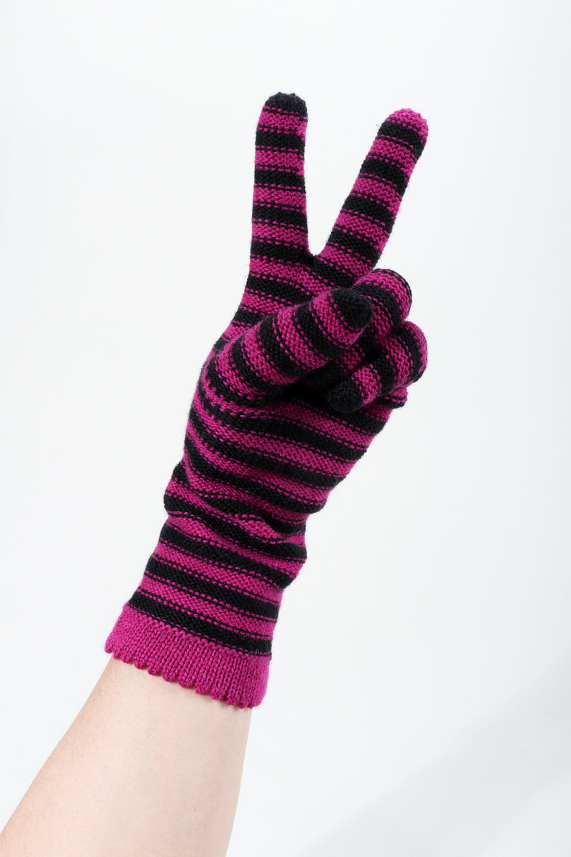 Vintage Sonia Rykiel Fuchsia Stripe Knit Gloves on hand peace