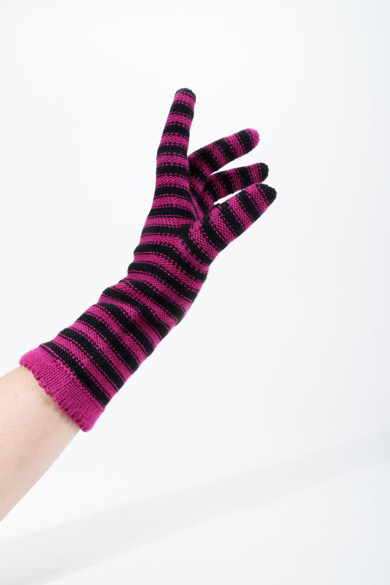 Vintage Sonia Rykiel Fuchsia Stripe Knit Gloves on hand pointed
