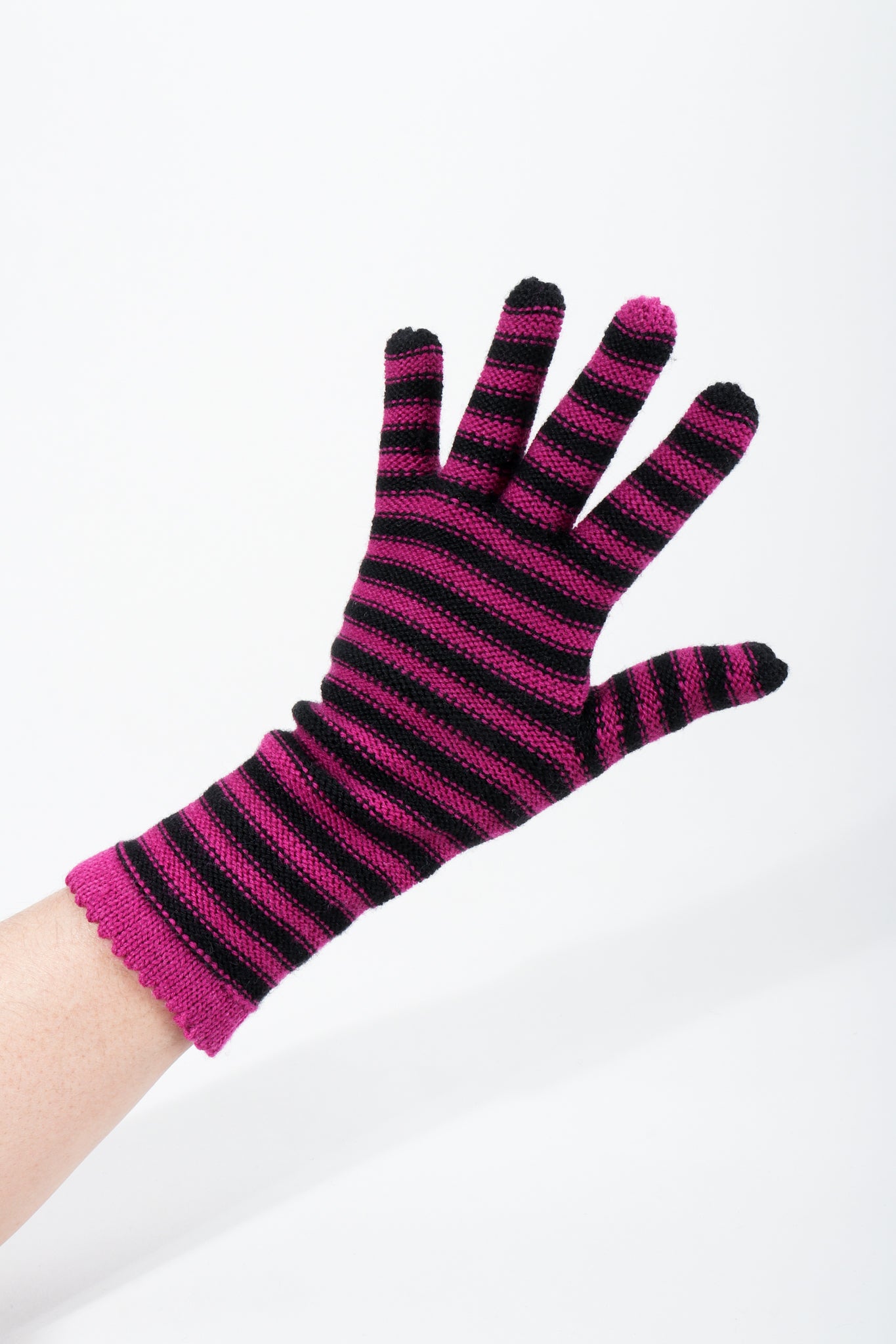 Vintage Sonia Rykiel Fuchsia Stripe Knit Gloves on hand extended
