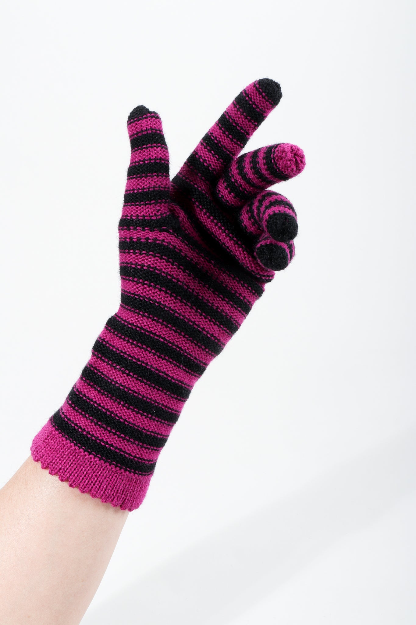 Vintage Sonia Rykiel Fuchsia Stripe Knit Gloves on hand curled