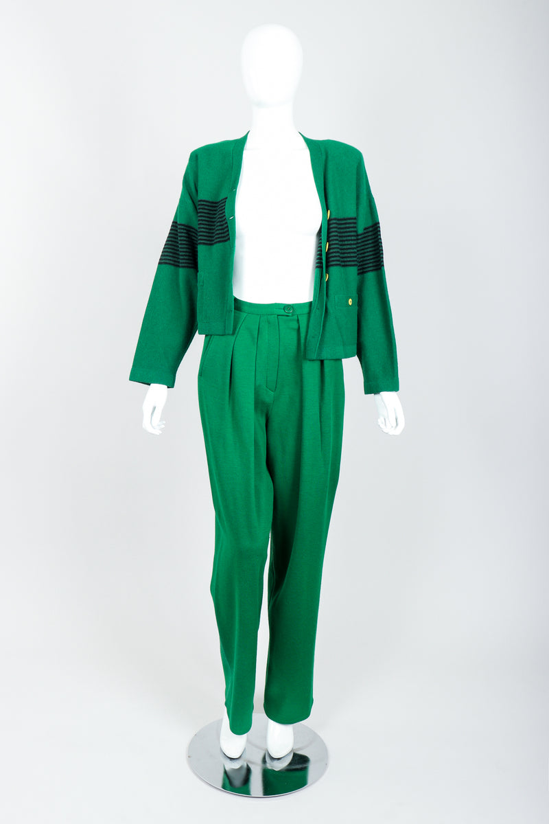 Vintage Sonia Rykiel Green Collegiate Cardigan & Pant Set on Mannequin Open at Recess