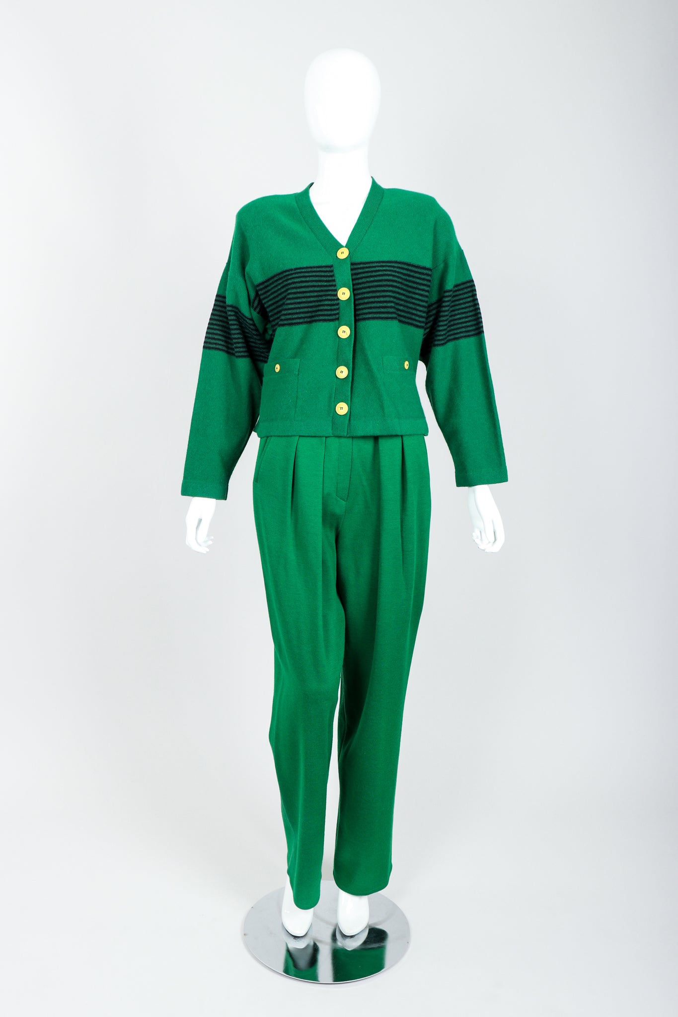 Vintage Sonia Rykiel Green Collegiate Cardigan & Pant Set on Mannequin Front at Recess
