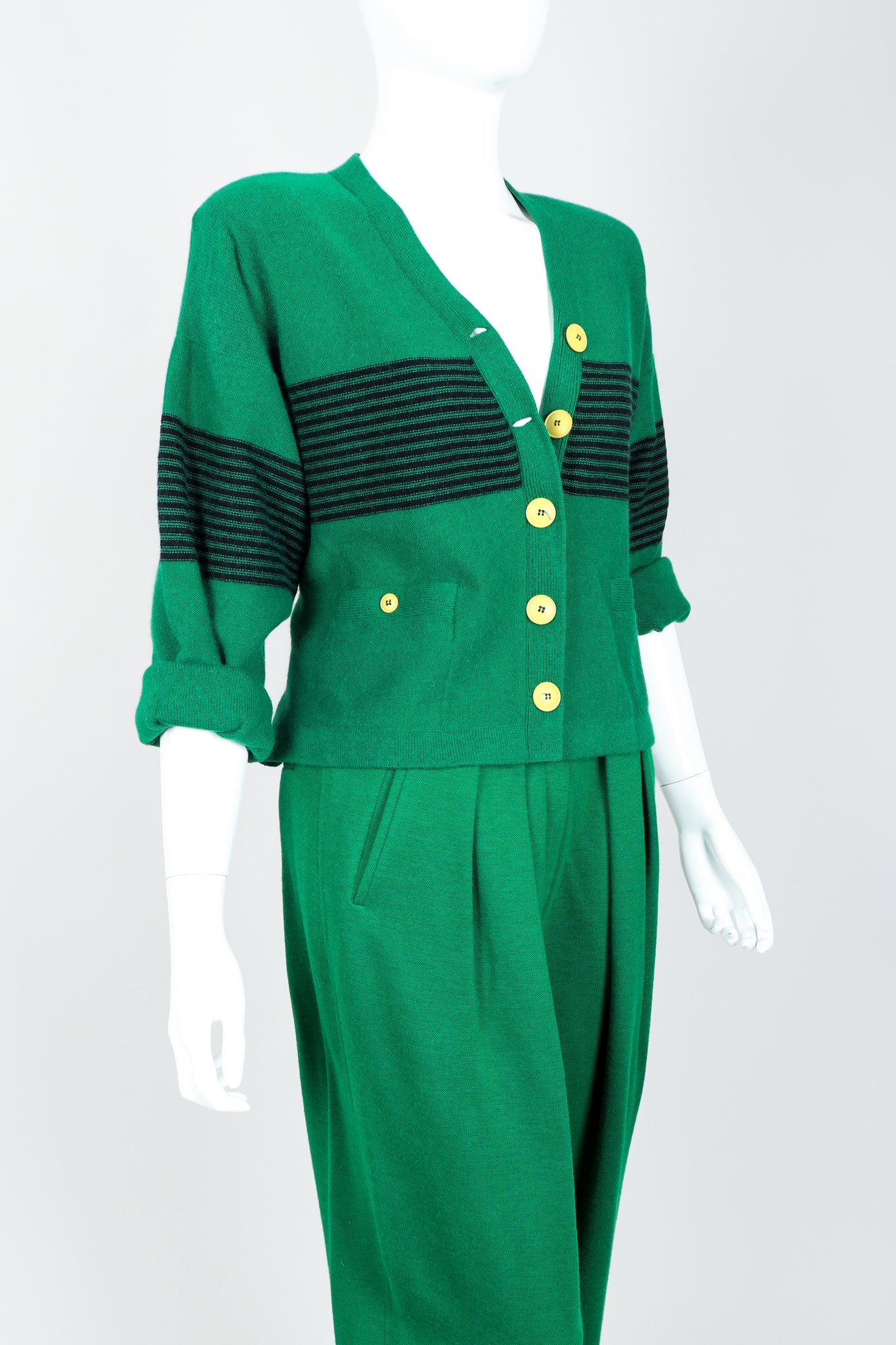Vintage Sonia Rykiel Green Collegiate Cardigan & Pant Set on Mannequin Cropped at Recess