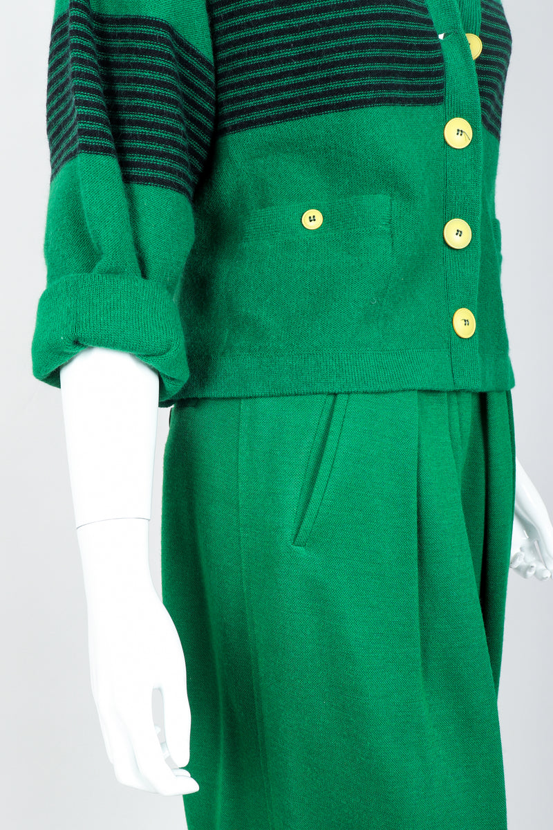 Vintage Sonia Rykiel Green Collegiate Cardigan & Pant Set on Mannequin Crop sleeve at Recess