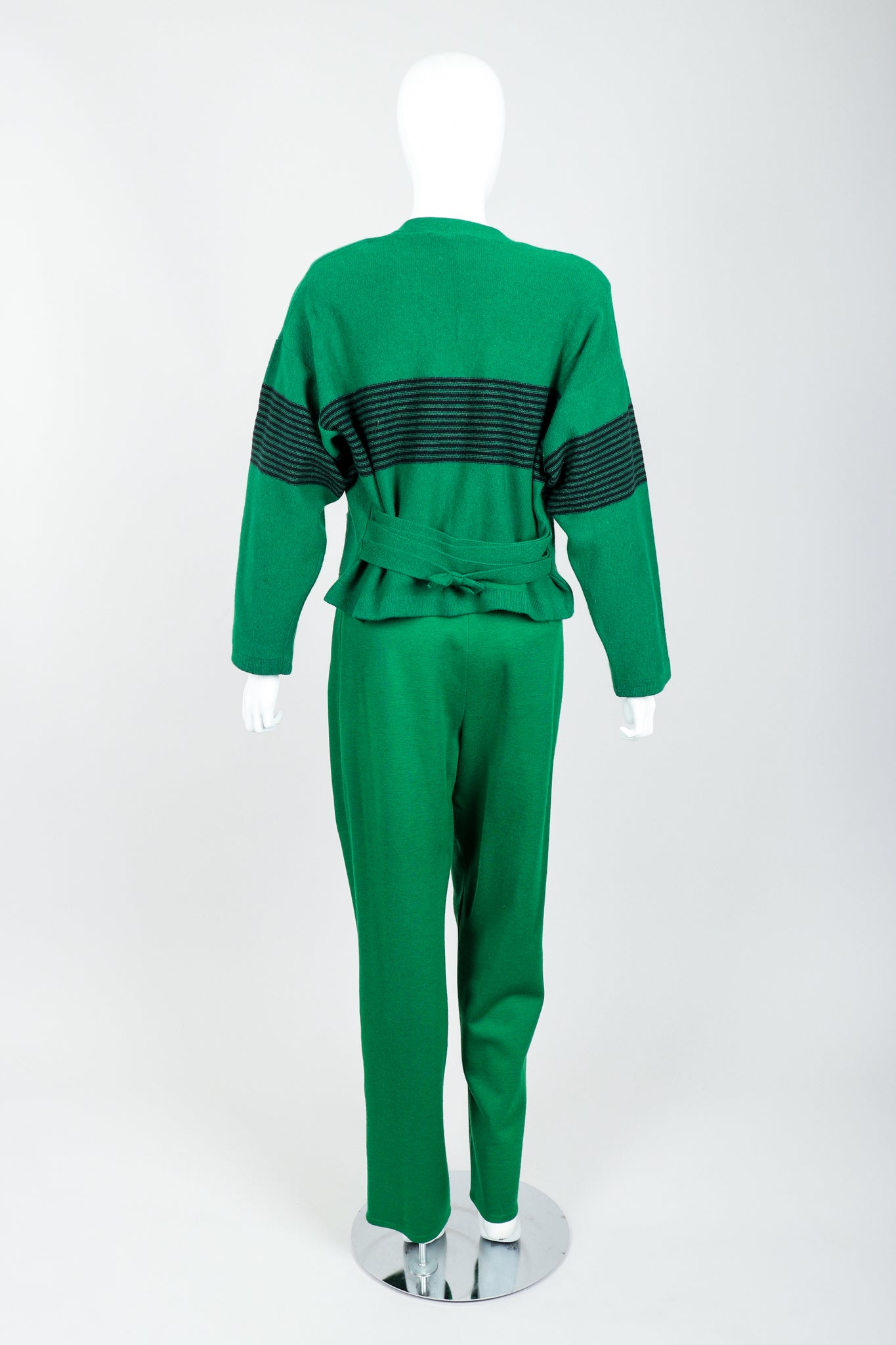 Vintage Sonia Rykiel Green Collegiate Cardigan & Pant Set on Mannequin Back at Recess
