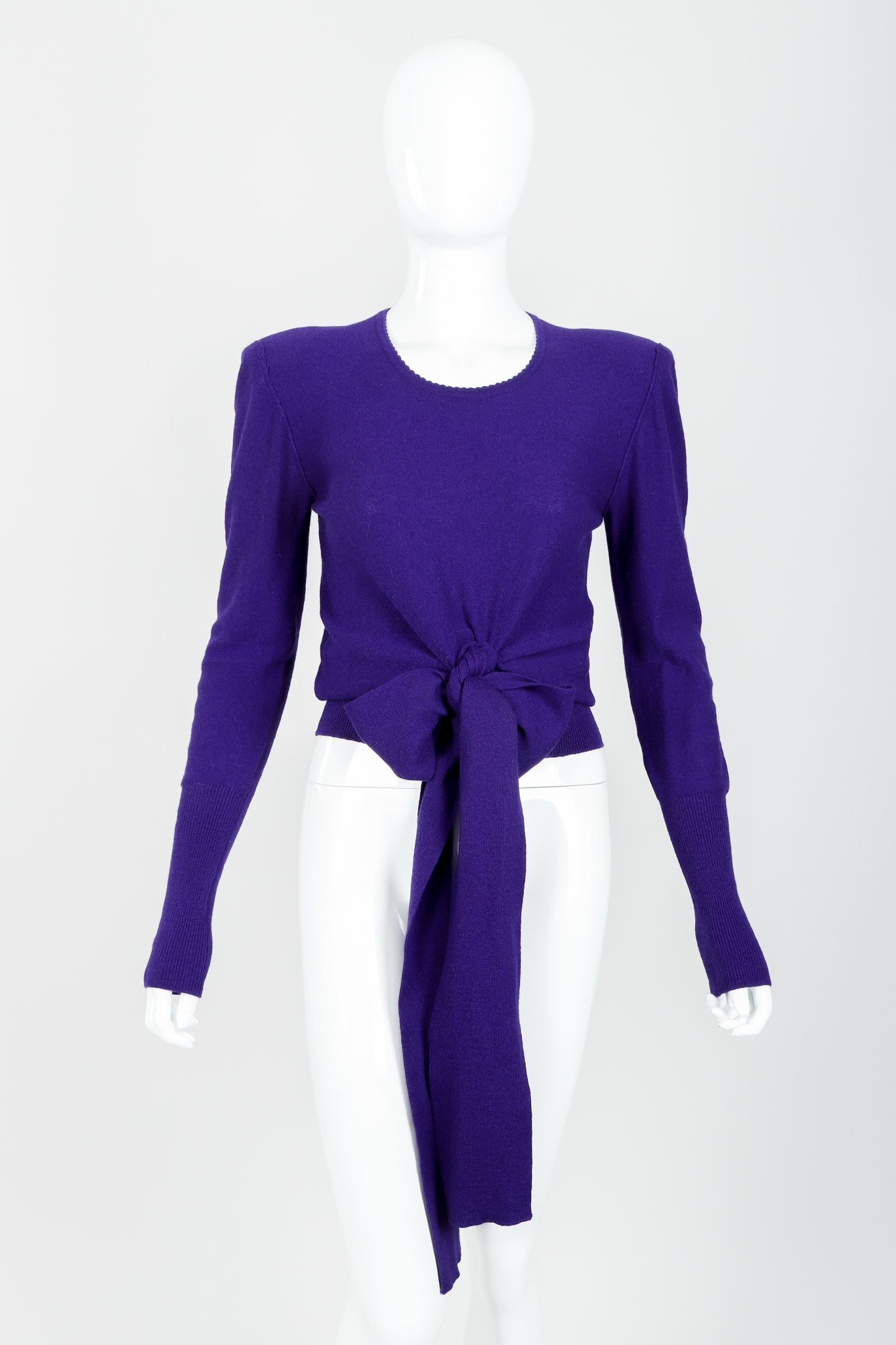 Vintage Sonia Rykiel Purple Waist Tie Sweater on mannequin front bow at Recess