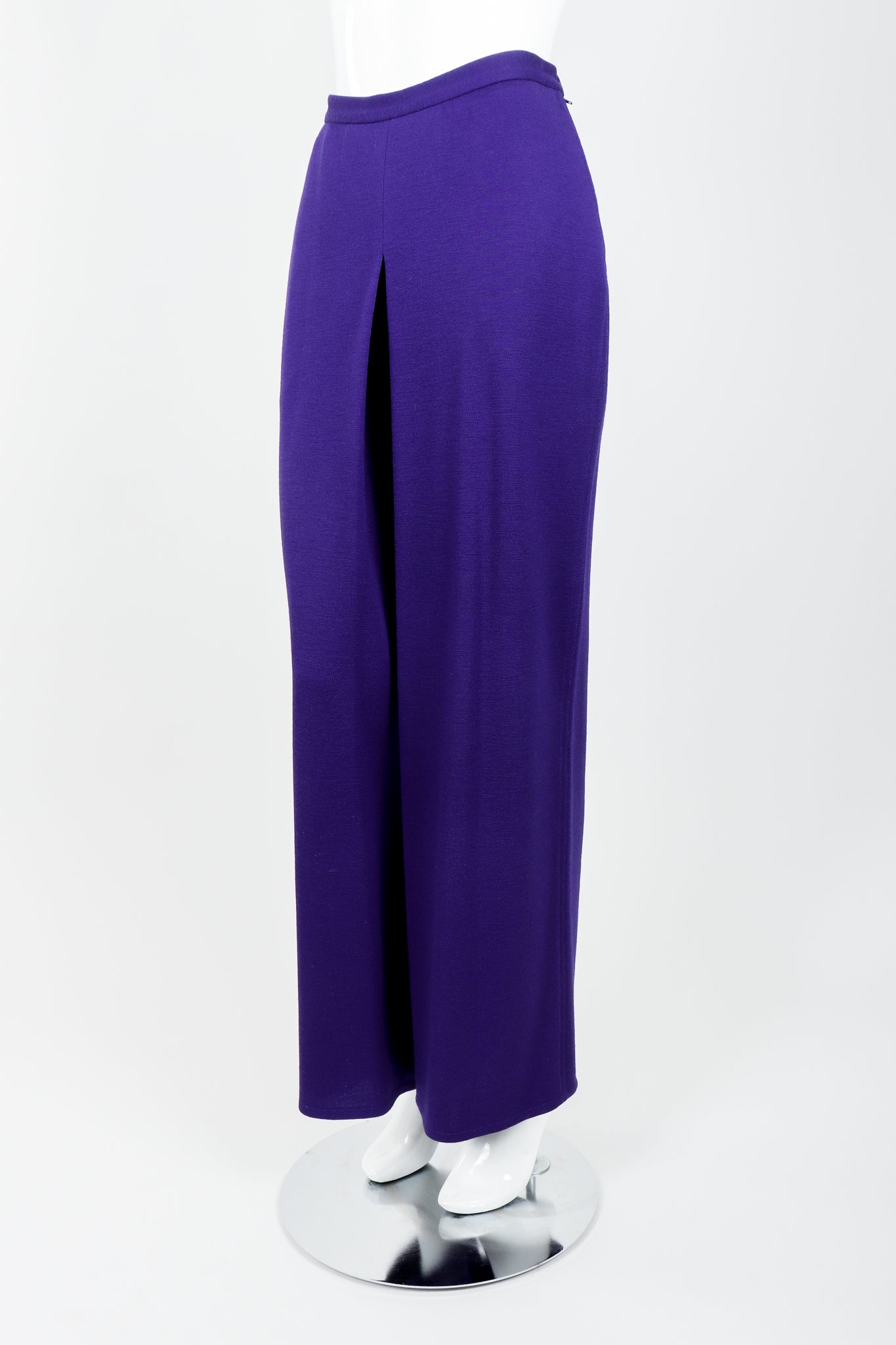 Vintage Sonia Rykiel Purple Knit Relaxed Straight Inverted Pleat Pant on mannequin side at Recess