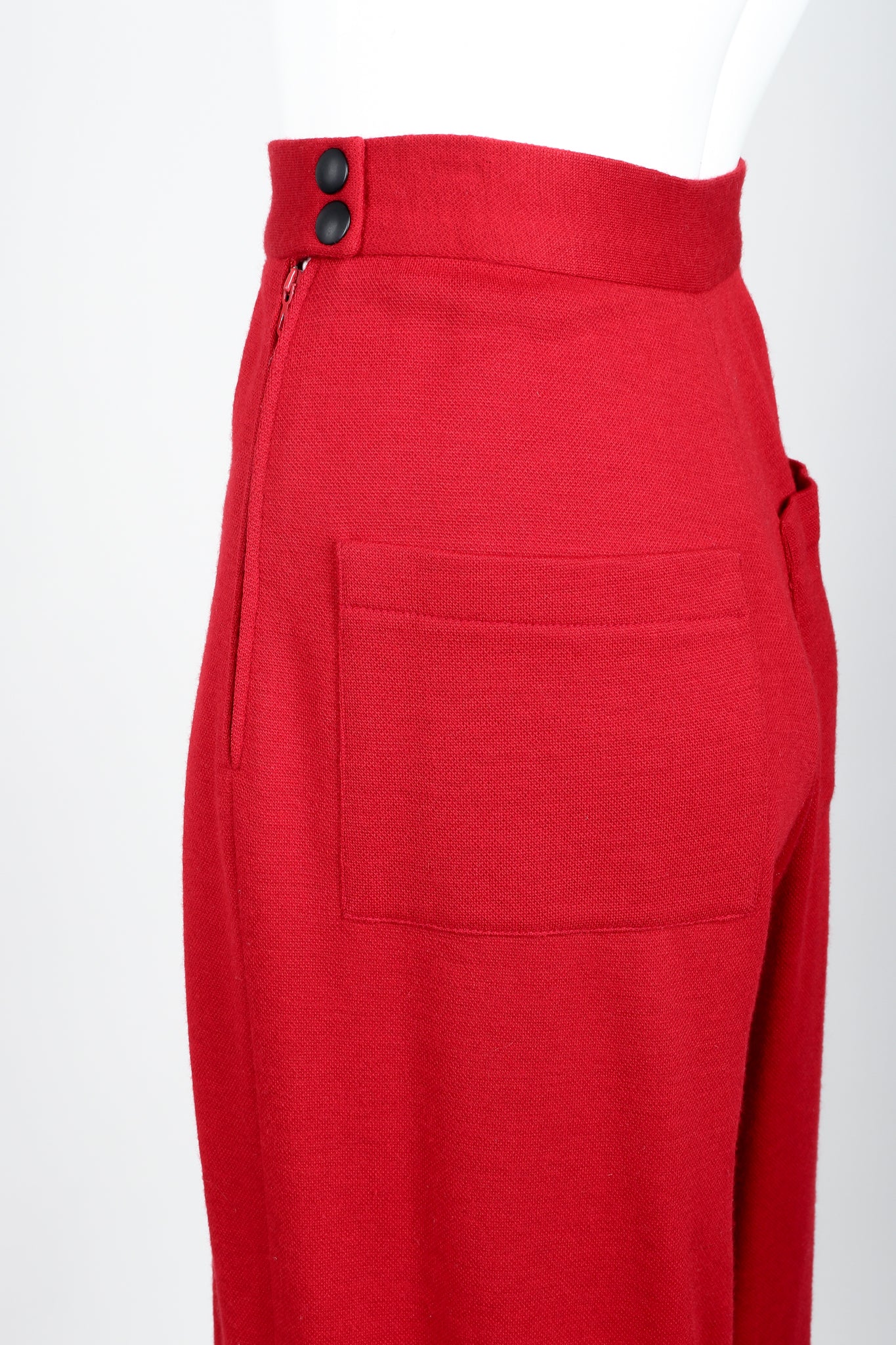 Vintage Sonia Rykiel Red Knit Pant Set on mannequin side at Recess