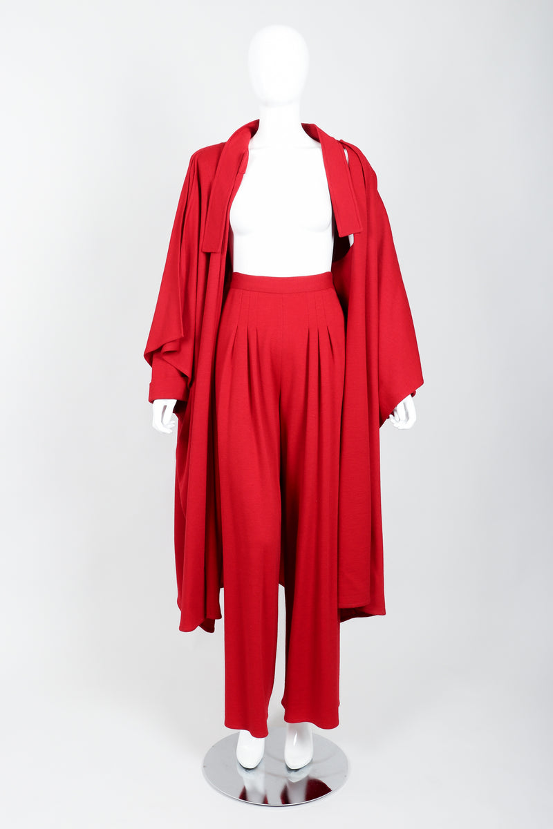 Vintage Sonia Rykiel Red Knit Cape Coat & Pant Set on mannequin open at Recess