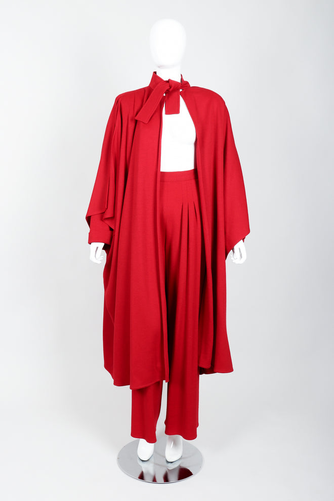 Vintage Sonia Rykiel Red Knit Cape Coat & Pant Set on mannequin tied at Recess