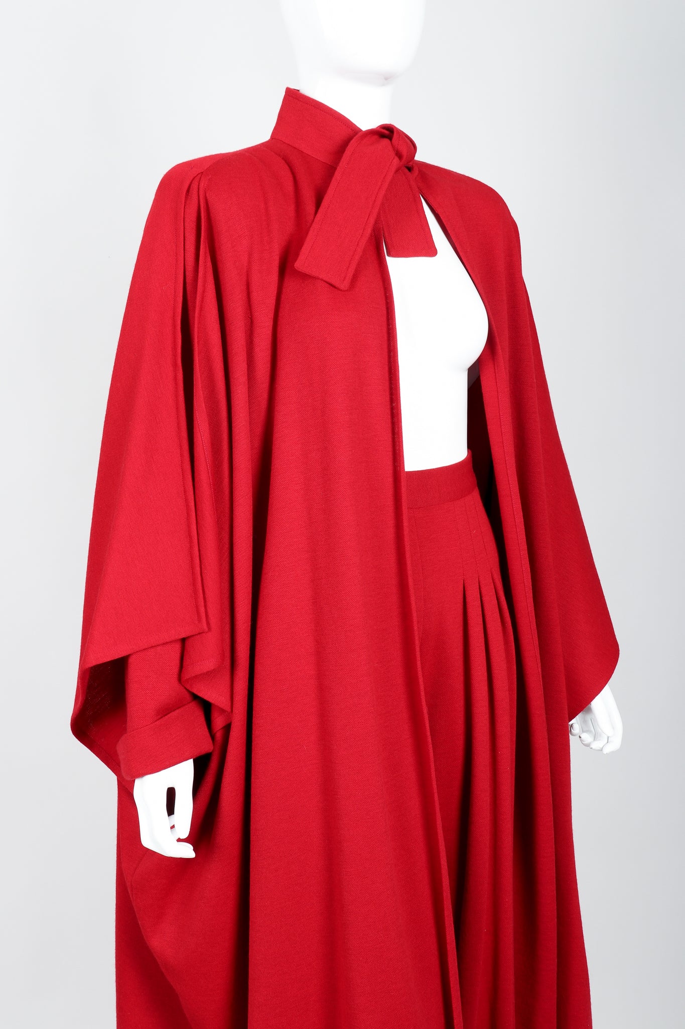 Vintage Sonia Rykiel Red Knit Cape Coat & Pant Set on mannequin front crop at Recess