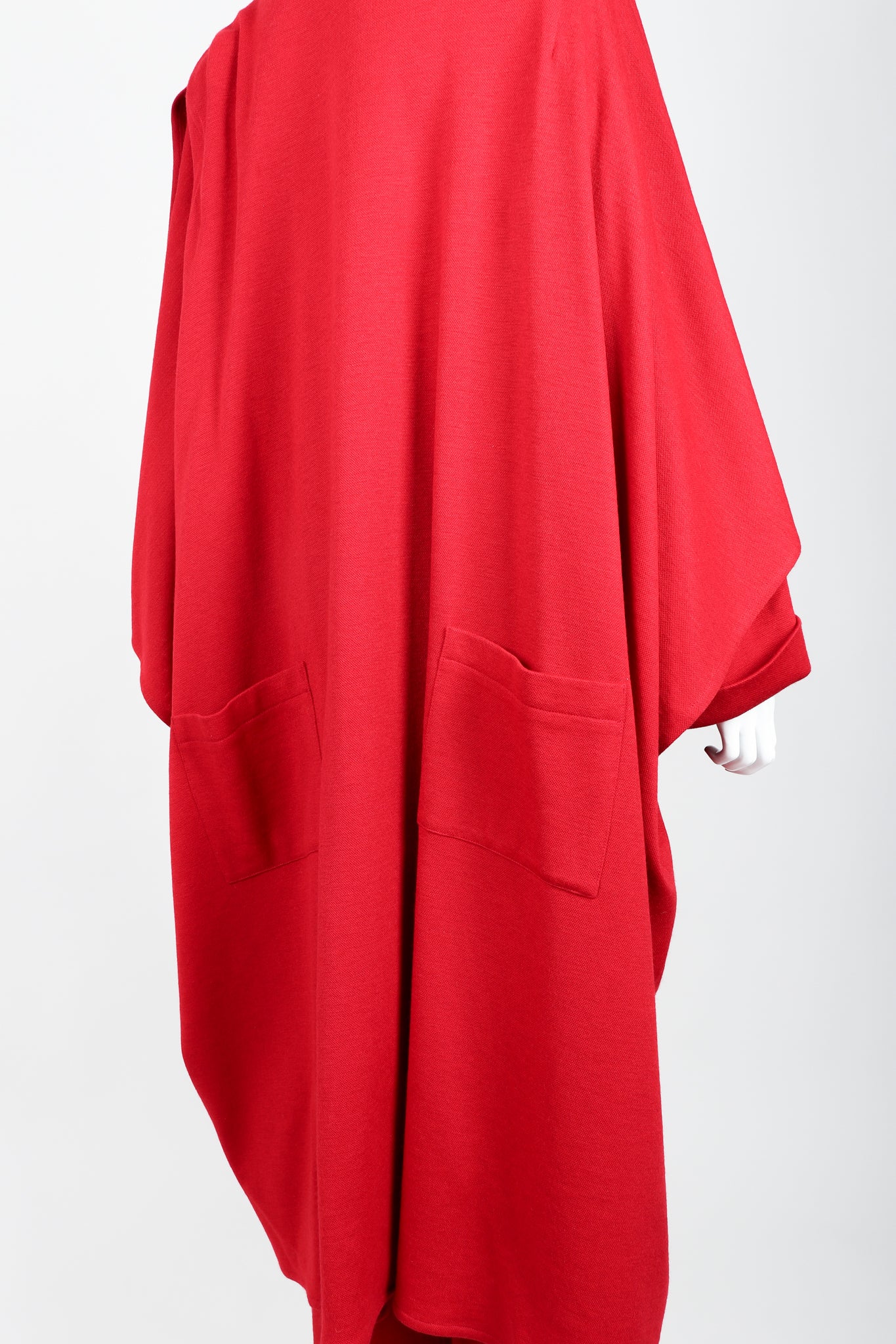 Vintage Sonia Rykiel Red Knit Cape Coat & Pant Set on mannequin back pockets at Recess
