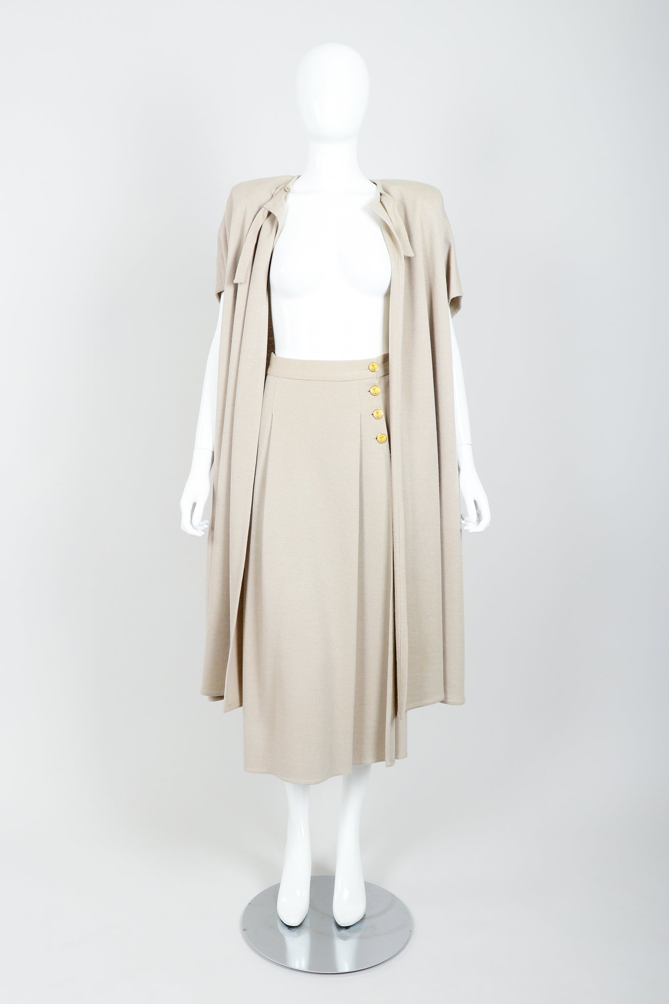 Vintage Sonia Rykiel Sand Beige Knit Cape & Skirt Set on Mannequin open at Recess
