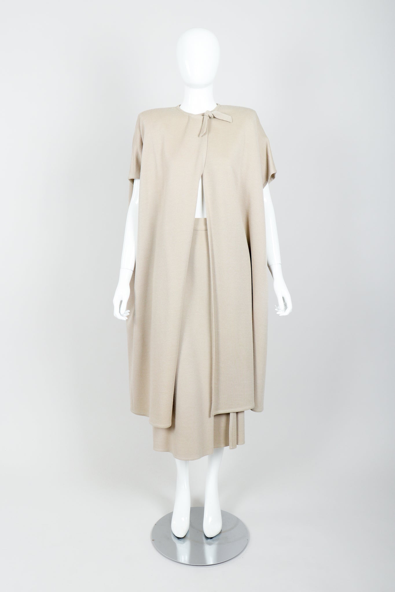 Vintage Sonia Rykiel Sand Beige Knit Cape & Skirt Set on Mannequin front at Recess