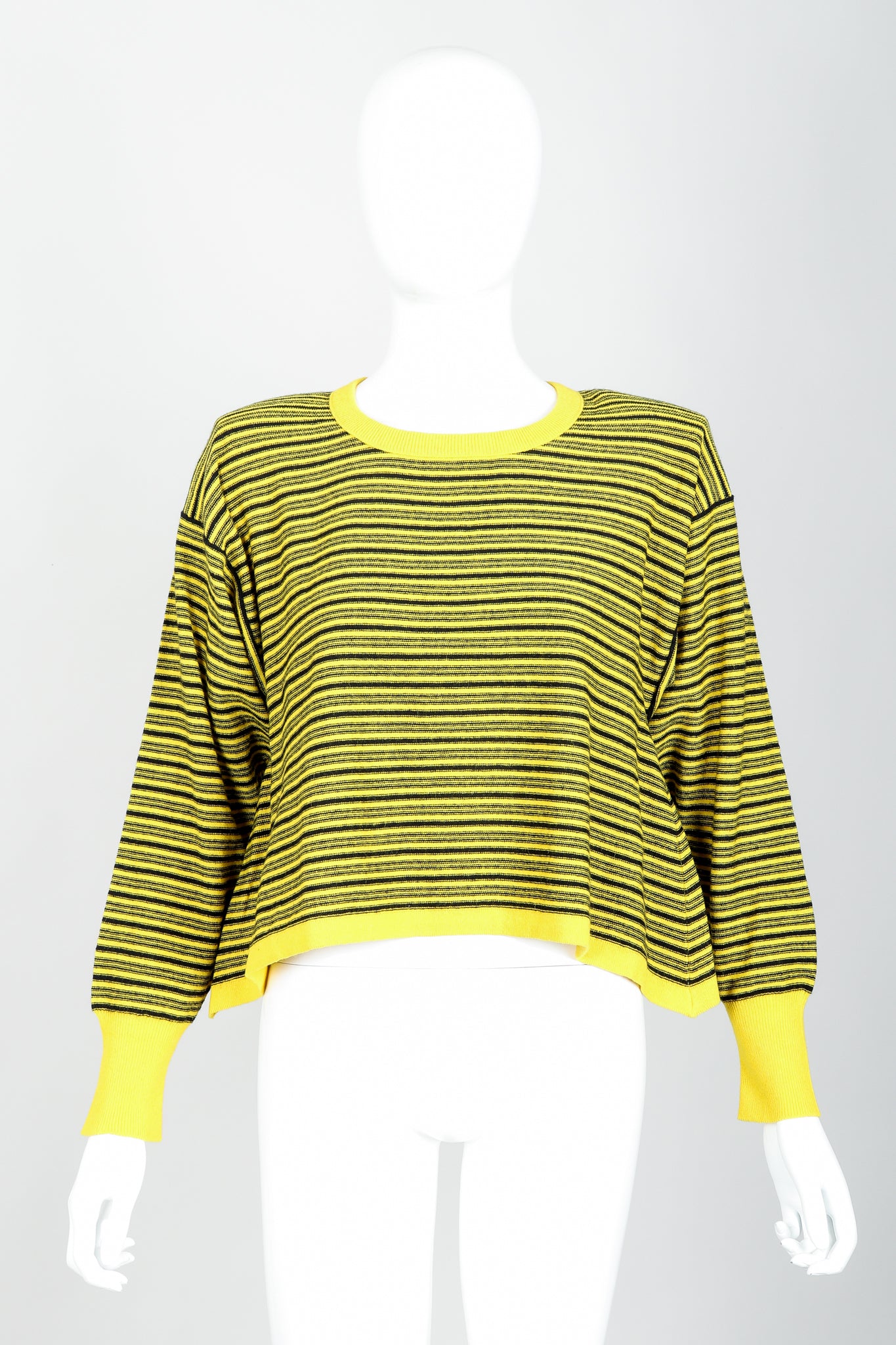 Vintage Sonia Rykiel Yellow Stripe Knit Boxy Sweater on Mannequin Front at Recess