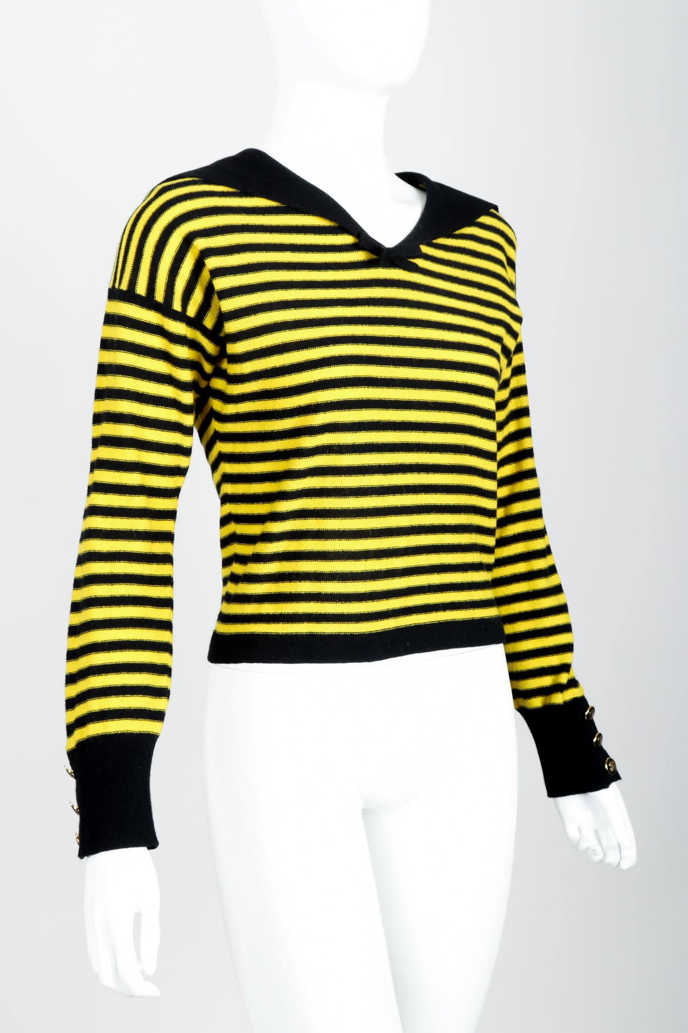 Vintage Sonia Rykiel Yellow Stripe Knit Sailor Sweater on mannequin angled at Recess