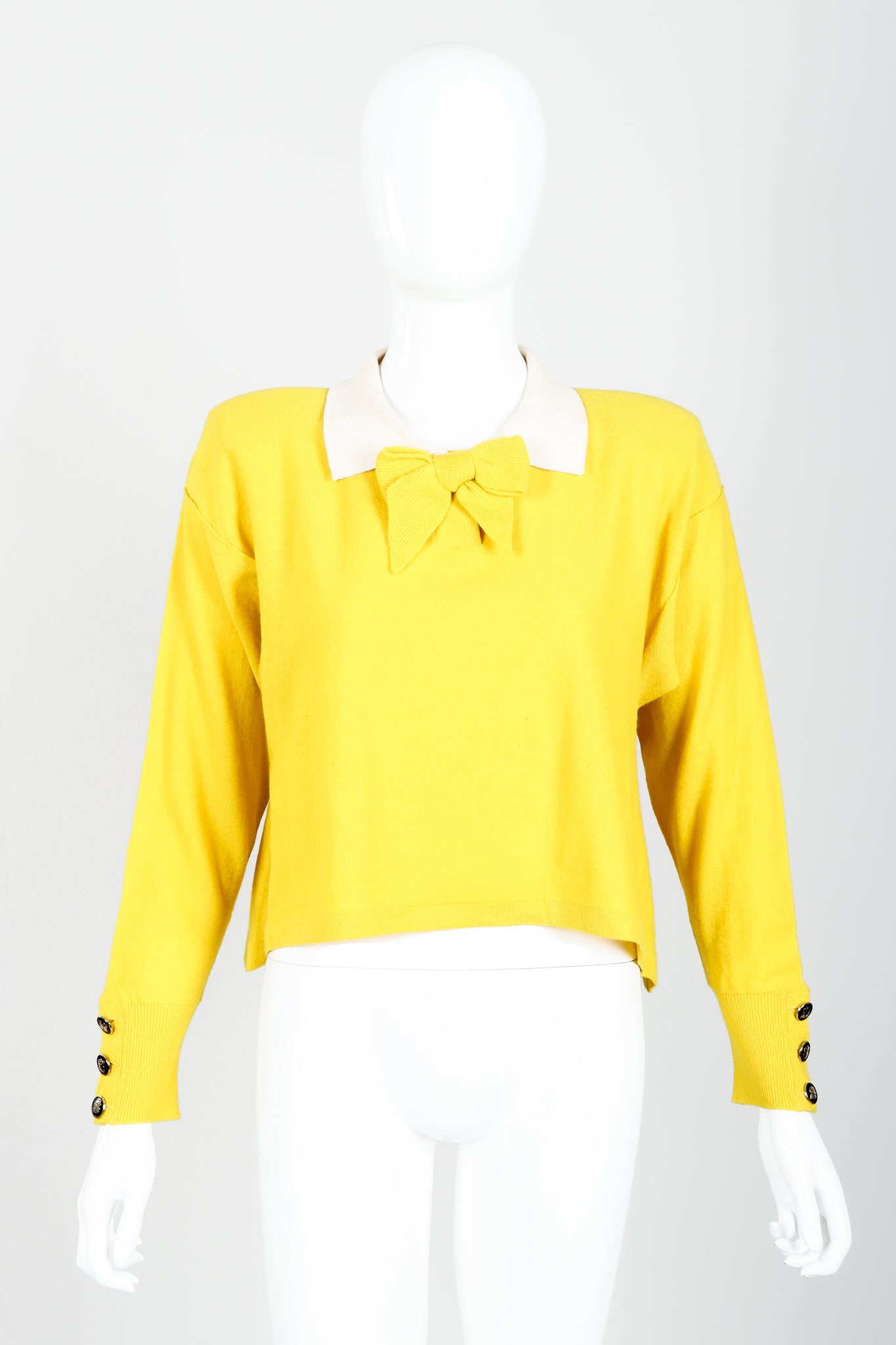 Vintage Sonia Rykiel Yellow Bow Collared Swing Sweater on Mannequin Front at Recess