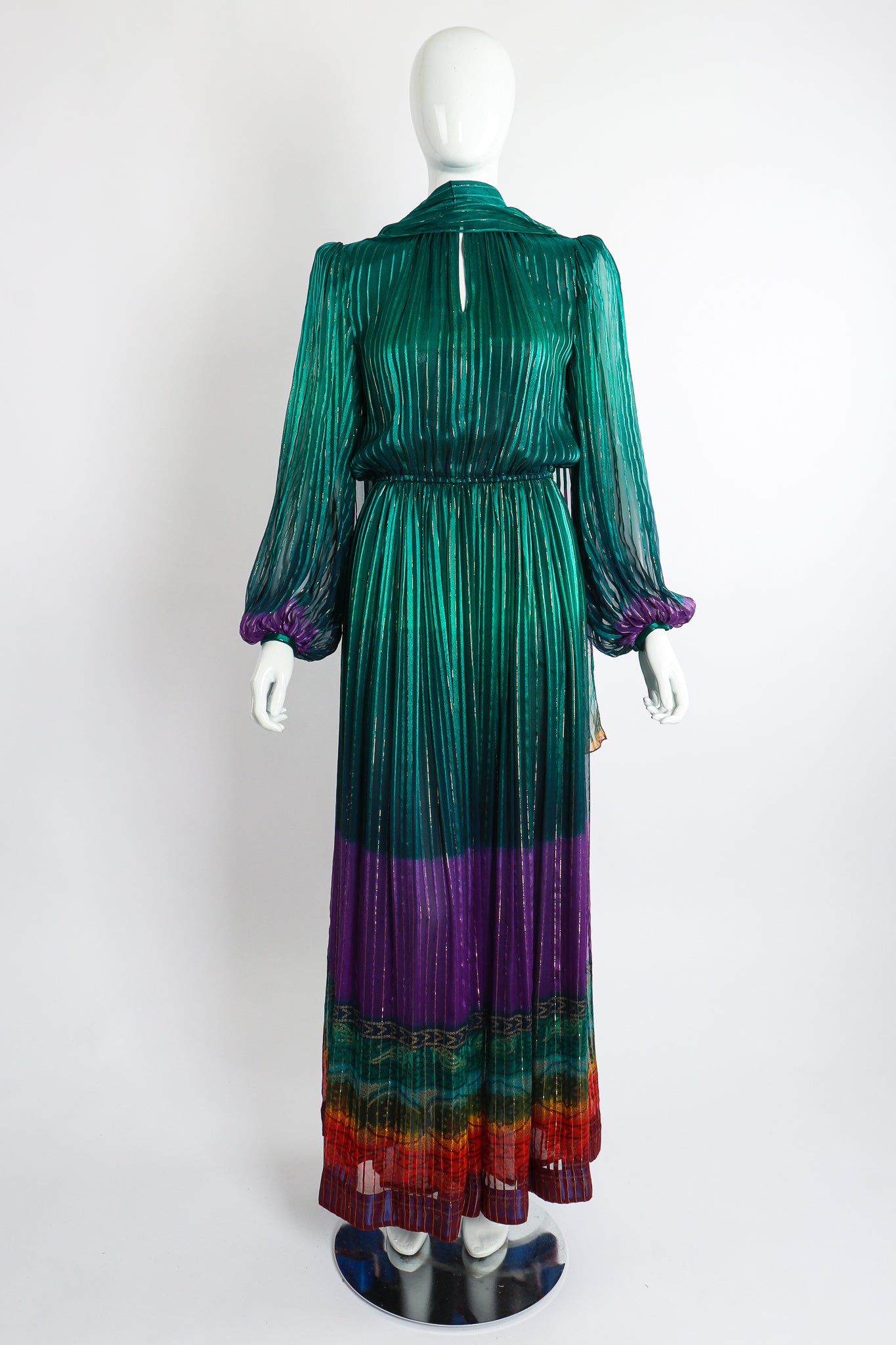 Vintage Soo Yung Lee Chiffon Rainbow Ombré Dress on Mannequin Skirt front at Recess Los Angeles